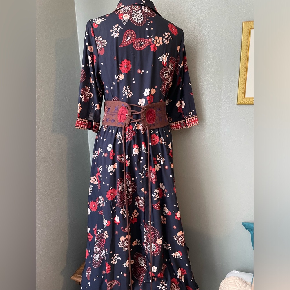 eshakti Navy Blue Floral Midi Dress with Red and White Prints - Picture 10 of 10